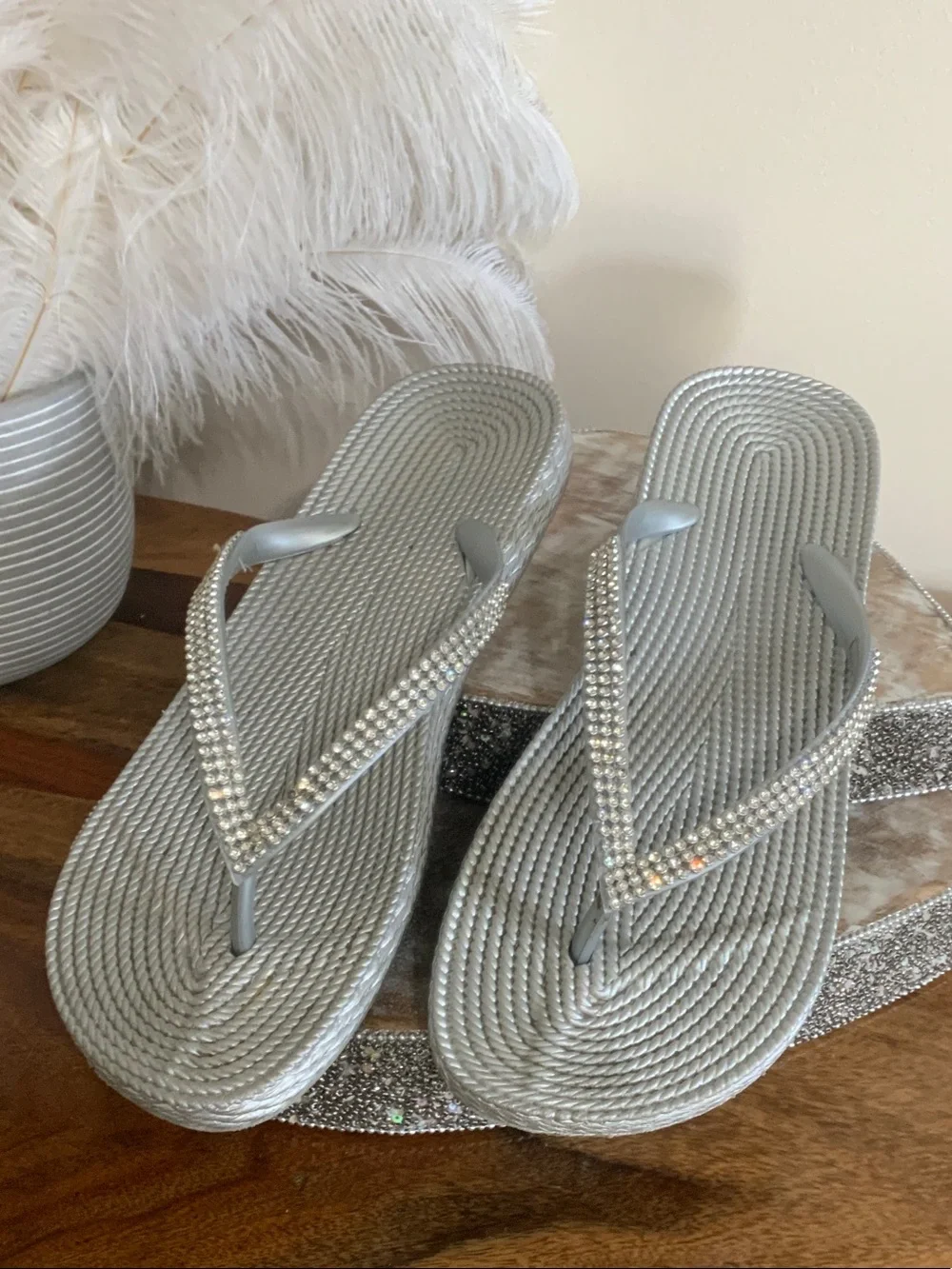 Women’s Silver Rhinestone Wedge Flip Flop Sandals